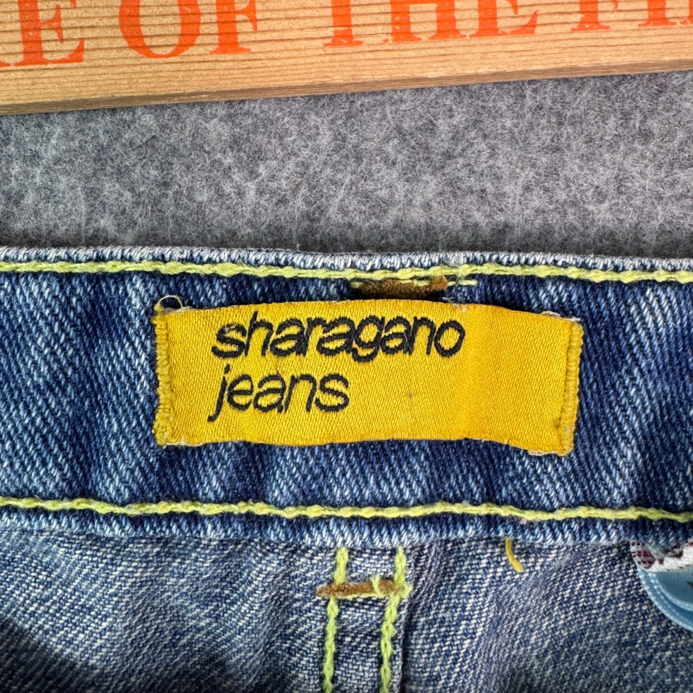 Sharagano Jeans Womens Blue Embroidered Floral Peacock Distressed Flare Y2K 28 - Picture 7 of 13